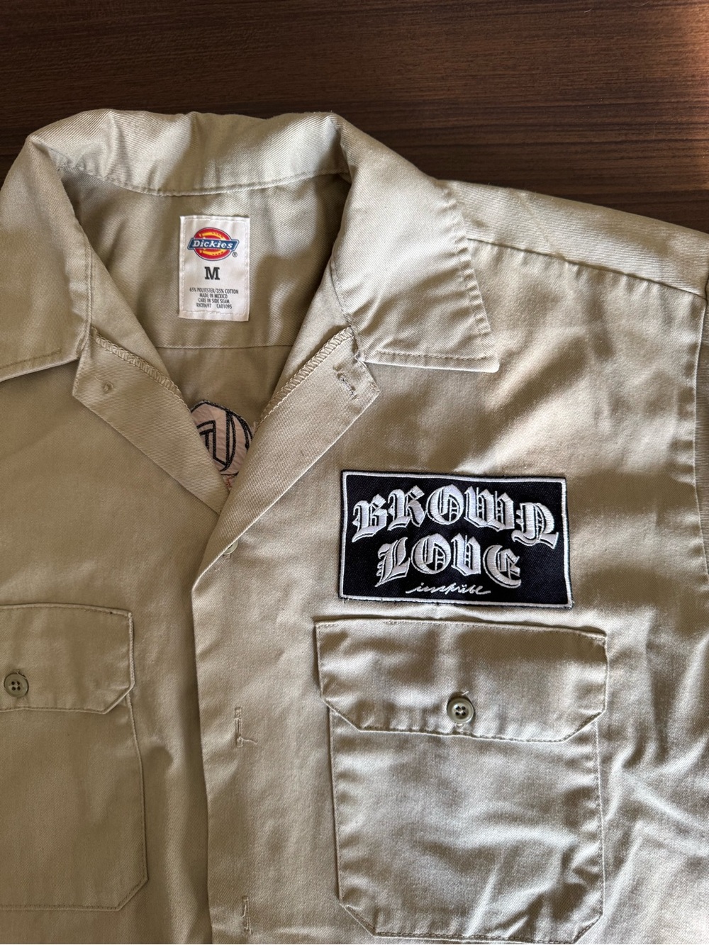Dickies Khaki Short-Sleeve Button-Down Work Shirt with 'Brown Love' Patch